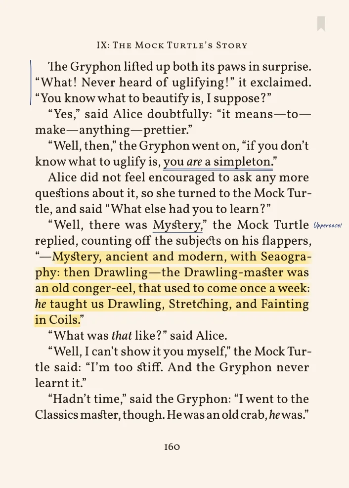 A page from Alice's Adventures in Wonderland marked with a highlight, an underline, and a blue margin note reading 'Uppercase!'