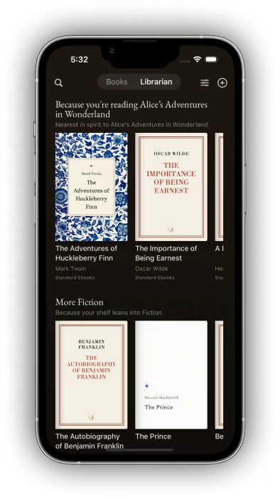 Bovary library shelf and Librarian on iPhone